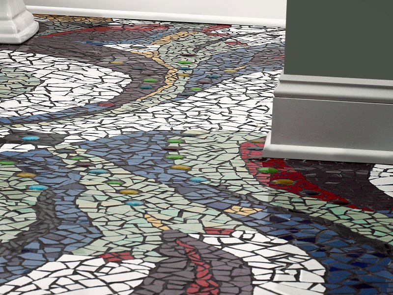 Photo of renovated bathroom with custom, abstract organic mosaic floor design