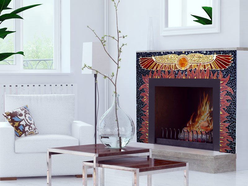 Mosaic fireplace design of the phoenix symbol below the mantel and flames bursting around the fireplace opening