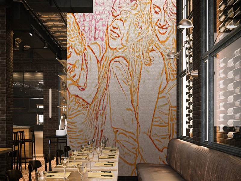 Photo of Ebullience design concept of vibrant women dancing shown as a mosaic wall art installation in restaurant environment. Designed by Caryn Mitchell, Calliope Design Inc.