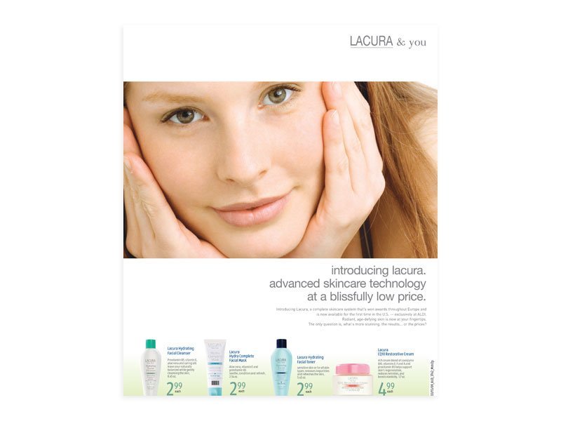 Photo of Aldi Lacura skin care beauty ad with youthful woman smiling