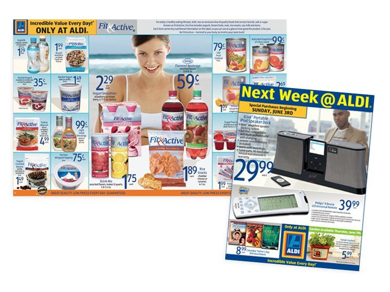 Photo of Aldi grocery stores weekly flyer ad promoting Fit & Active products for health and wellness