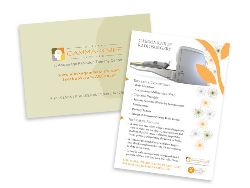 2-sided postcard about Gamma Knife Radiosurgery treatment process at Anchorage Radiation Therapy Center