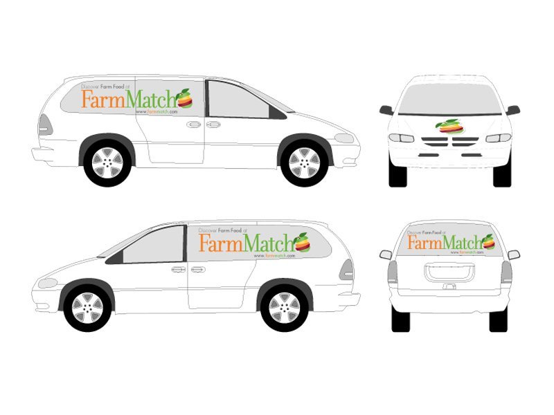 Illustration of FarmMatch vehicle wrap with brand logo on white mini van