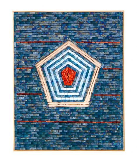 Photo of Beacon, 16 x 20, mixed media mosaic interior wall décor created with blue sea glass, red and white Sicis smalto mosaic tile and maple wood cut into strips showing it’s texture by Caryn Mitchell