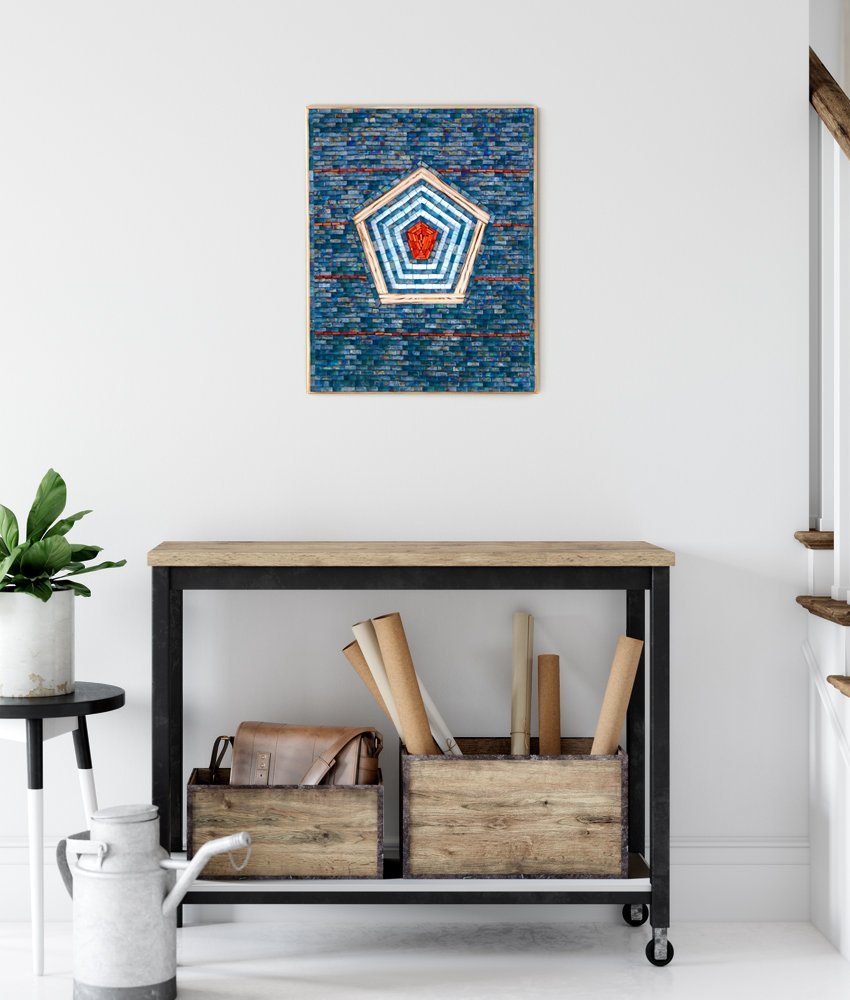 Beacon, 16 x 20, mixed media mosaic interior wall art hung in Scandinavian-style entry way above a sideboard by Caryn Mitchell