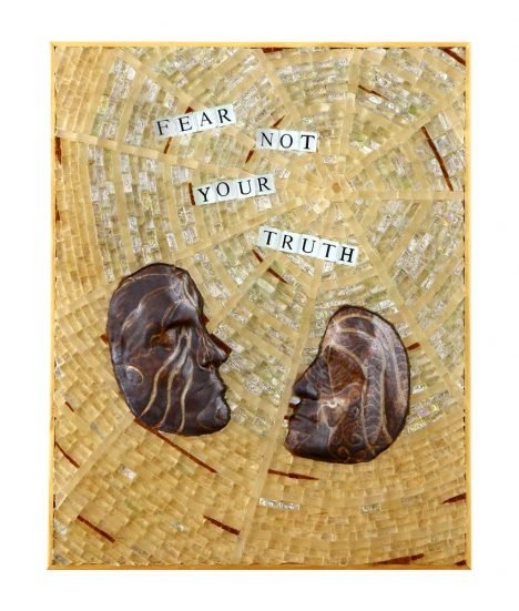 Photo of Fear Not Your Truth, 16 x 20, mixed media mosaic interior wall décor by Caryn Mitchell made with black and white scrabble letter tiles, two life-casted stoneware faces and clear and smoky white glass mosaic tile