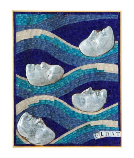 Photo of Float by Caryn Mitchell, 16 x 20, mixed media mosaic interior wall décor made with three different shades of blue glass and four life-casted stoneware fired faces nestled into the ocean waves
