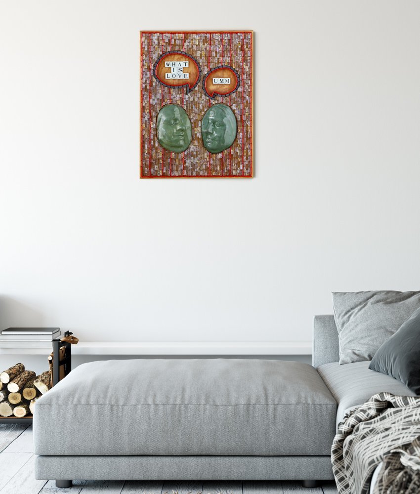 Photo of Caryn Mitchell’s, What is Love?, 16 x 20, mixed media mosaic artwork mounted on interior wall in a boho modern style living space