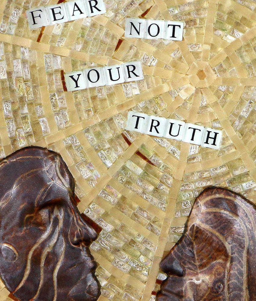 Close up detail of Fear Not Your Truth, 16 x 20, mixed media mosaic artwork by Caryn Mitchell. Made with black and white scrabble letter tiles, two life-casted stoneware faces and clear and smoky white glass mosaic tile.