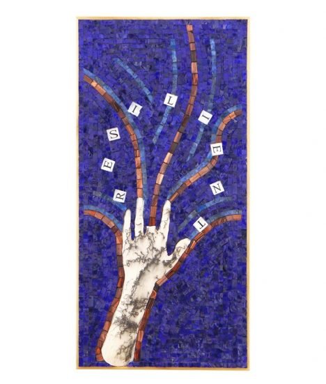 Photo of Caryn Mitchell’s, Resilient, 12 x 24, mixed media blue glass mosaic interior room décor hero image